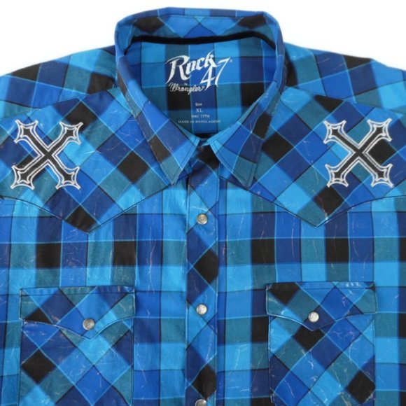 Wrangler Rock 47 Western Shirt Button Snaps Peaked Yokes Pocket Flaps Check XL Men